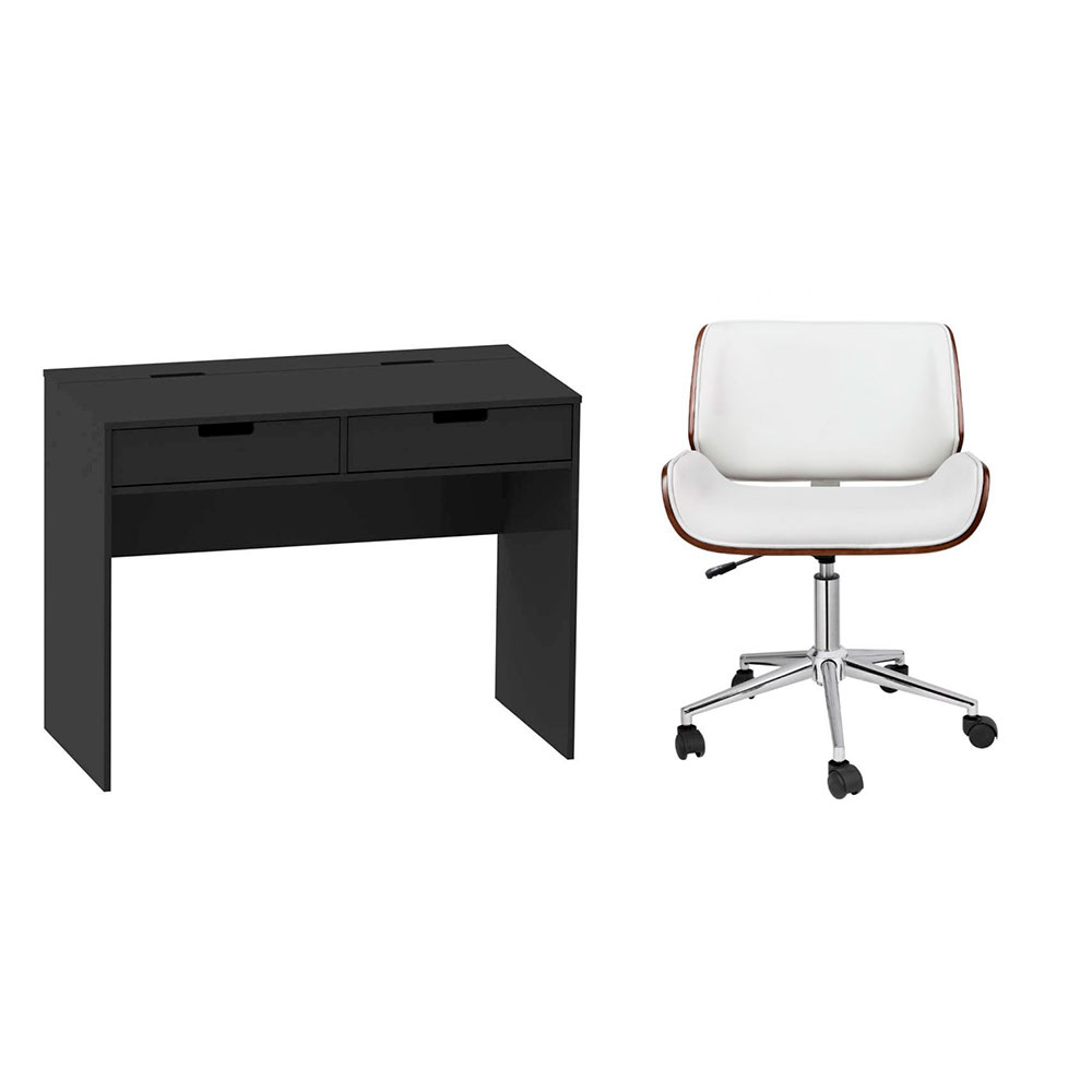 Conjunto de Mesa New Preta com Cadeira de Escritório Diretor Giratória Lauren Branca Conjunto de Mesa New Preta com Cadeira de Escritório Diretor Giratória Lauren Branca