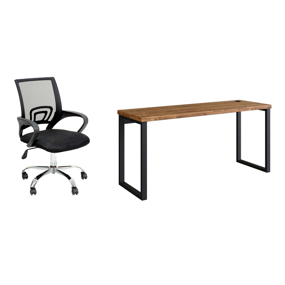 Conjunto de Mesa Miguel Marrom com Cadeira de Escritório Secretária Giratória Javix Preta Conjunto de Mesa Miguel Marrom com Cadeira de Escritório Secretária Giratória Javix Preta