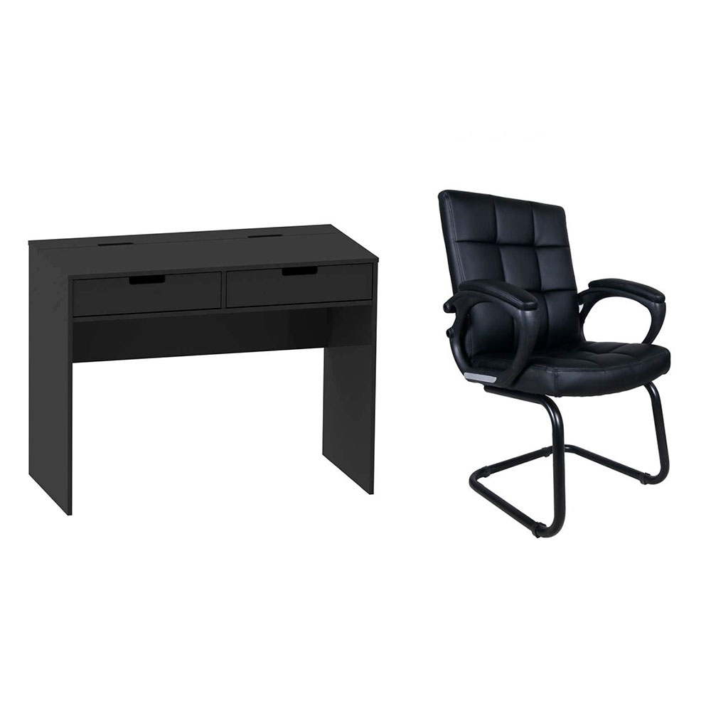 Conjunto de Mesa New com Cadeira de Escritório Interlocutor Fixa Charles Preta Conjunto de Mesa New com Cadeira de Escritório Interlocutor Fixa Charles Preta