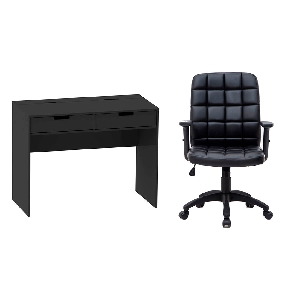Conjunto de Mesa New com Cadeira de Escritório Diretor Giratória Fitz com Braços Ajustáveis Preta Conjunto de Mesa New com Cadeira de Escritório Diretor Giratória Fitz com Braços Ajustáveis Preta
