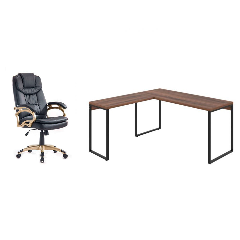 Conjunto de Mesa Kuadra Nogal 150 cm com Cadeira de Escritório Presidente Giratória com Relax Clark Preta e Dourada Conjunto de Mesa Kuadra Nogal 150 cm com Cadeira de Escritório Presidente Giratória com Relax Clark Preta e Dourada