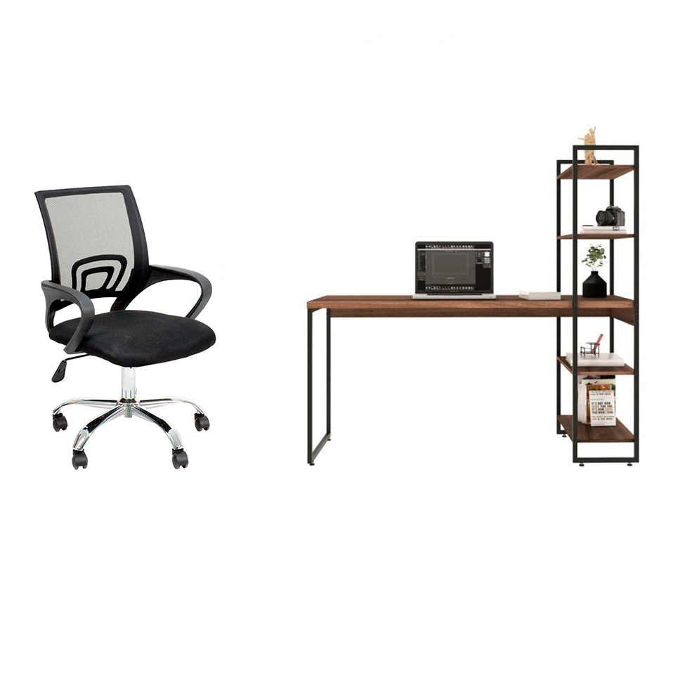 Conjunto de Mesa Studio com Estante Nogal 146 cm com Cadeira de Escritório Secretária Giratória Javix Preta Conjunto de Mesa Studio com Estante Nogal 146 cm com Cadeira de Escritório Secretária Giratória Javix Preta