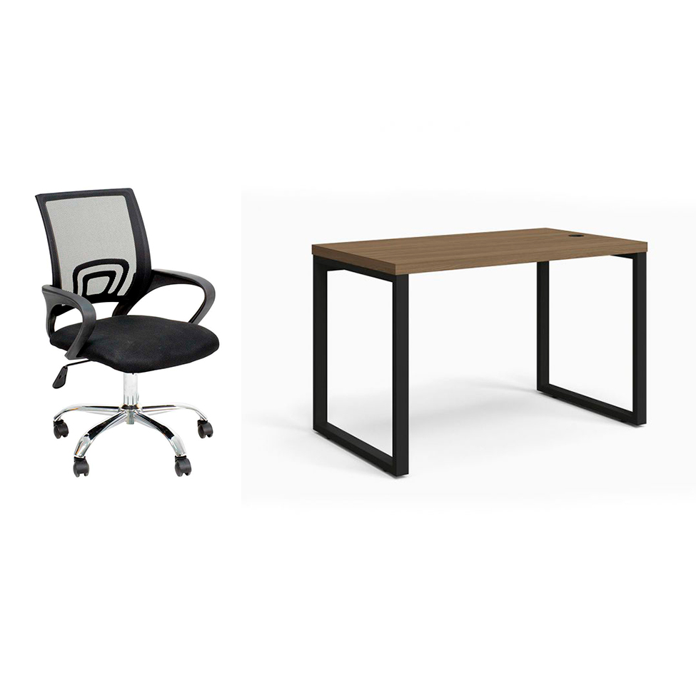 Conjunto de Mesa Munique Carvalho 120 cm com Cadeira de Escritório Secretária Giratória Javix Preta Conjunto de Mesa Munique Carvalho 120 cm com Cadeira de Escritório Secretária Giratória Javix Preta