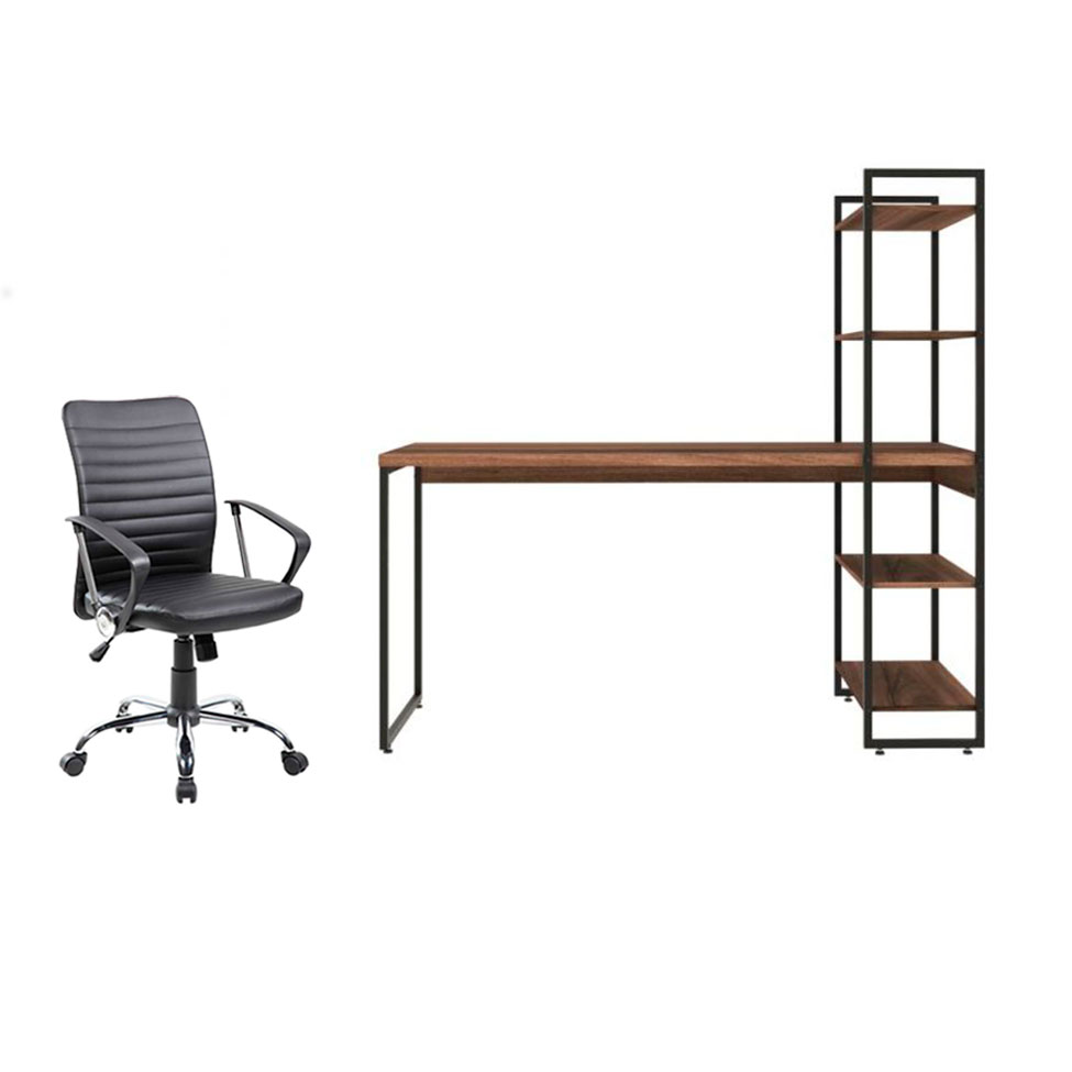 Conjunto de Mesa com Estante Nogal 146 cm com Cadeira de Escritório Diretor Giratória Oslo Preta Conjunto de Mesa com Estante Nogal 146 cm com Cadeira de Escritório Diretor Giratória Oslo Preta