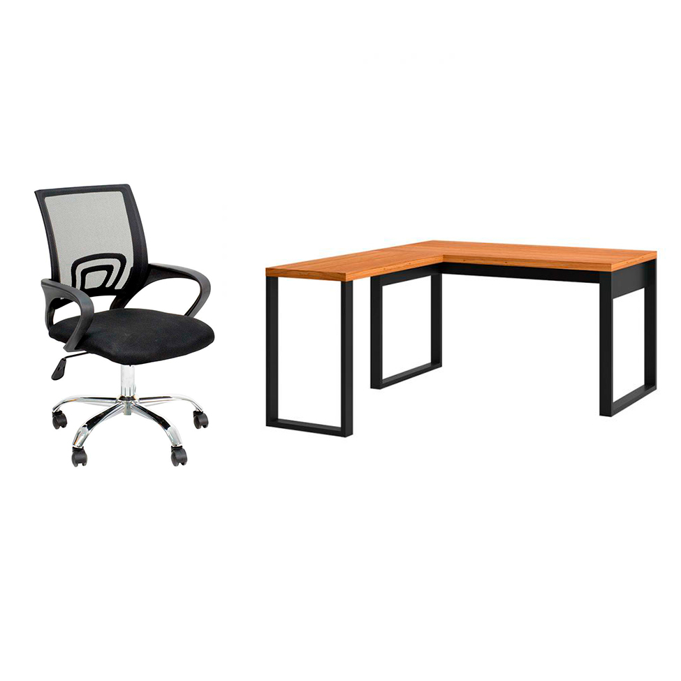 Conjunto de Mesa em L Anah Freijó com Cadeira de Escritório Secretária Giratória Javix Preta Conjunto de Mesa em L Anah Freijó com Cadeira de Escritório Secretária Giratória Javix Preta