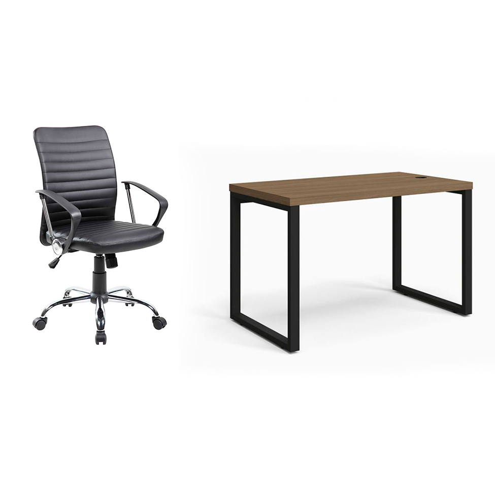 Conjunto de Mesa Munique Carvalho 120 cm com Cadeira de Escritório Diretor Giratória Oslo Preta Conjunto de Mesa Munique Carvalho 120 cm com Cadeira de Escritório Diretor Giratória Oslo Preta