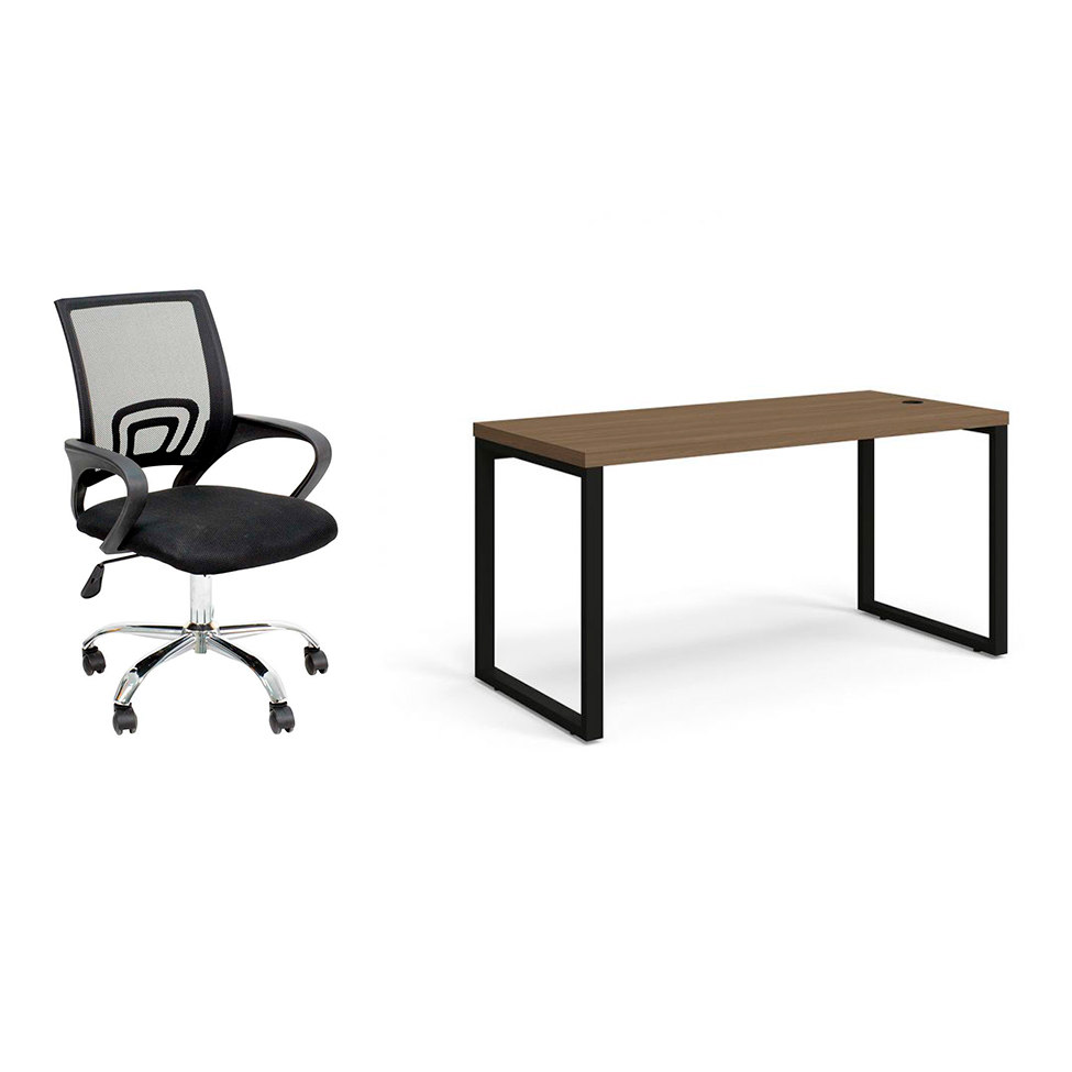 Conjunto de Mesa Munique Carvalho 150 cm com Cadeira de Escritório Secretária Giratória Javix Preta Conjunto de Mesa Munique Carvalho 150 cm com Cadeira de Escritório Secretária Giratória Javix Preta