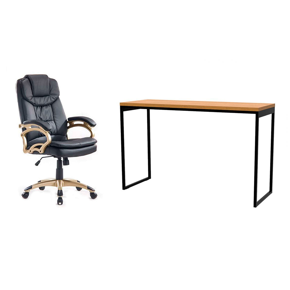 Conjunto de Mesa Stanford Amêndoa 120 cm com Cadeira de Escritório Presidente Giratória com Relax Clark Preta e Dourada Conjunto de Mesa Stanford Amêndoa 120 cm com Cadeira de Escritório Presidente Giratória com Relax Clark Preta e Dourada
