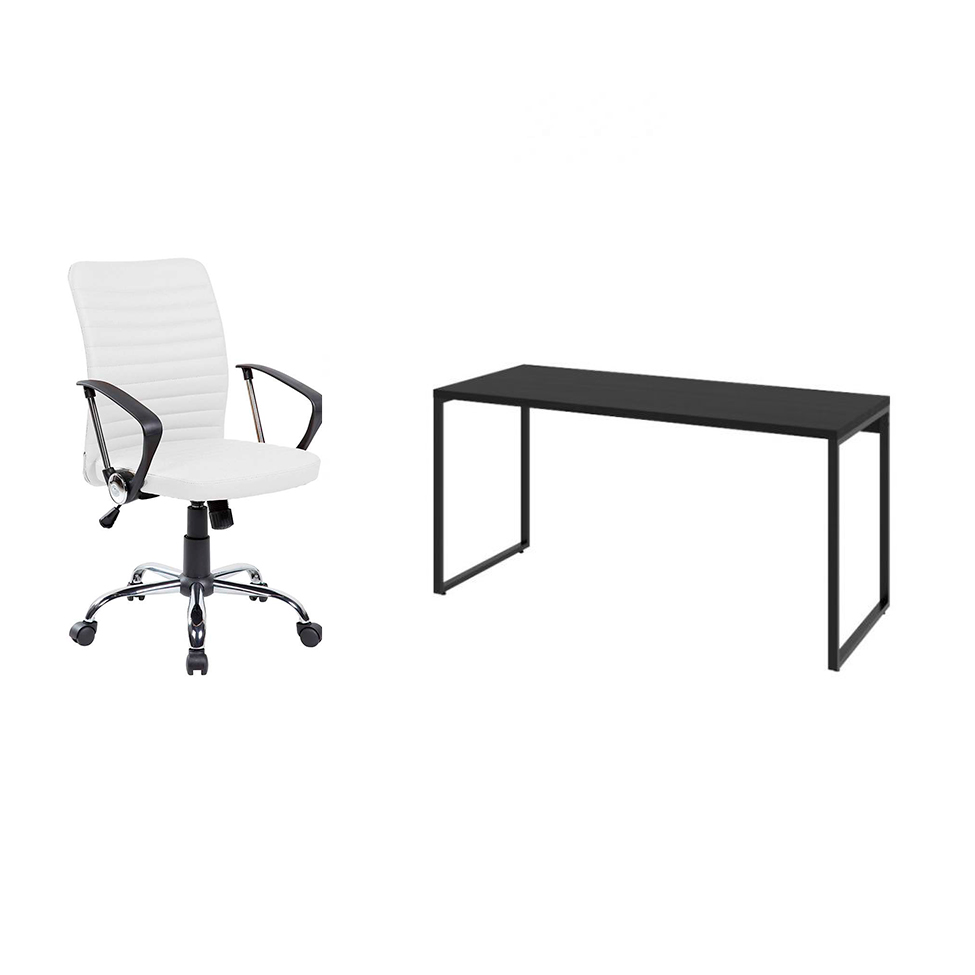 Conjunto de Mesa Kuadra I Preta 150 cm com Cadeira de Escritório Diretor Giratória Oslo Branca Conjunto de Mesa Kuadra I Preta 150 cm com Cadeira de Escritório Diretor Giratória Oslo Branca