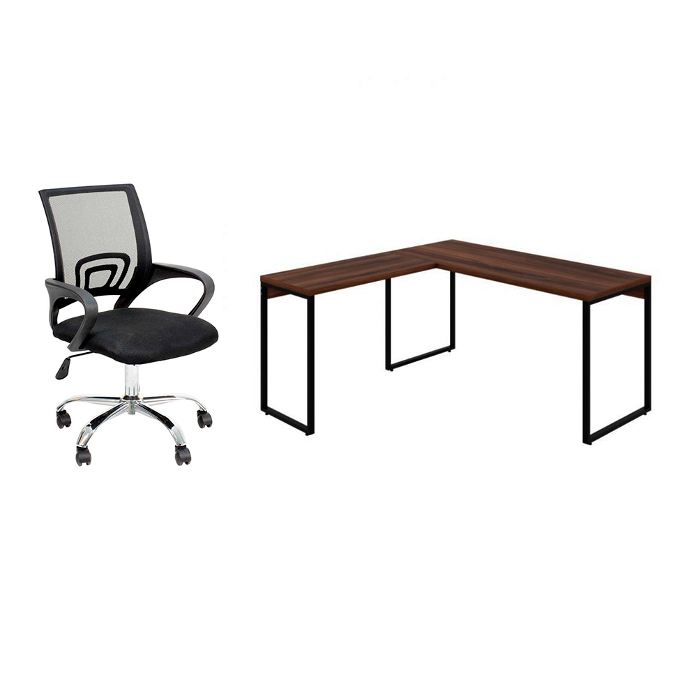 Conjunto de Mesa Kuadra Nogal 150 cm com Cadeira de Escritório Secretária Giratória Javix Preta Conjunto de Mesa Kuadra Nogal 150 cm com Cadeira de Escritório Secretária Giratória Javix Preta