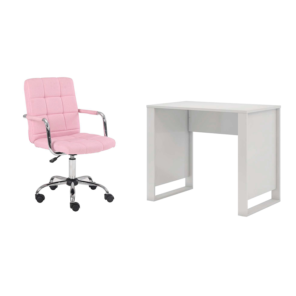 Conjunto de Mesa Morada Branca com Cadeira de Escritório Secretária Giratória Fitz Rosa Conjunto de Mesa Morada Branca com Cadeira de Escritório Secretária Giratória Fitz Rosa