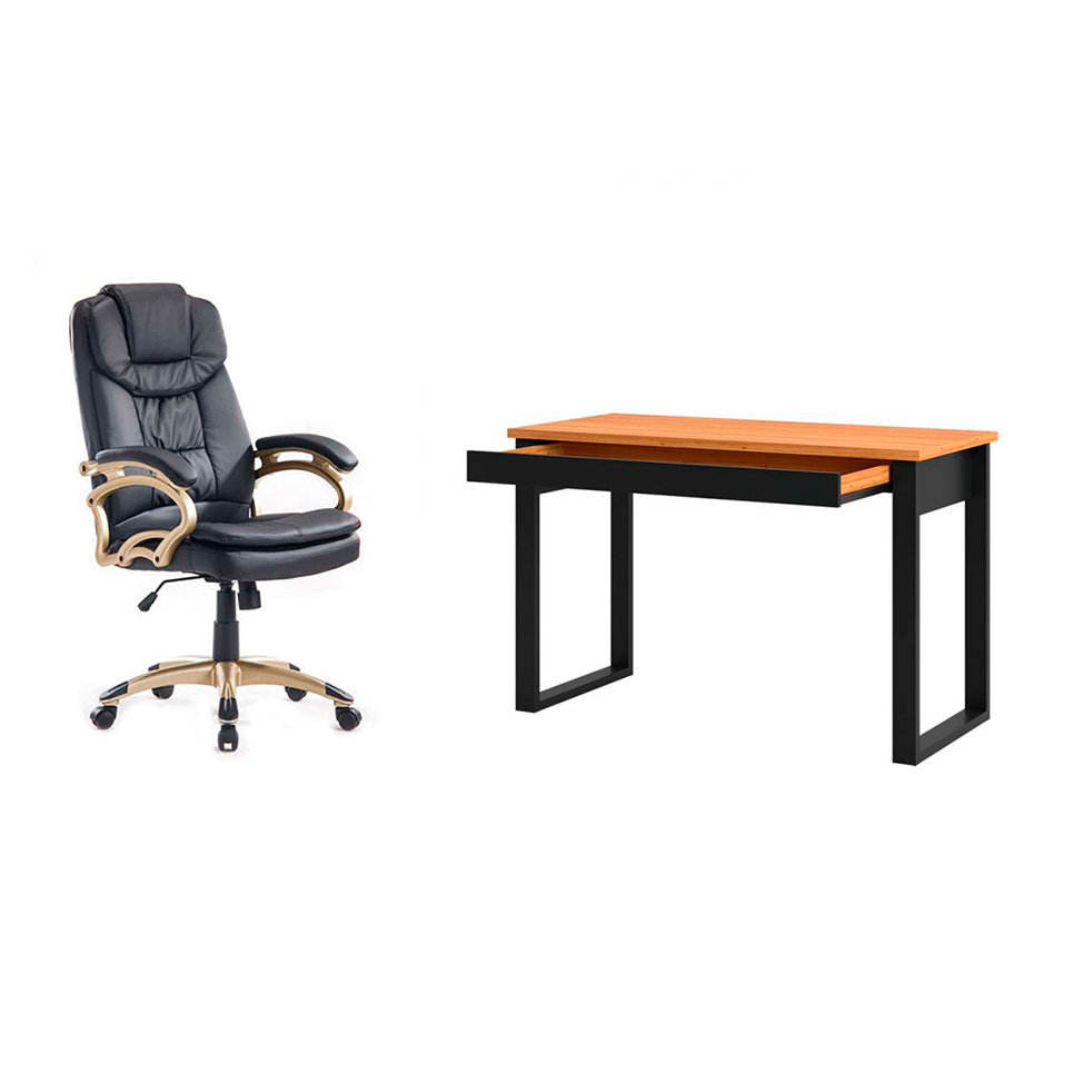 Conjunto de Mesa Anah 1 GV Freijó com Cadeira de Escritório Presidente Giratória com Relax Clark Preta e Dourada Conjunto de Mesa Anah 1 GV Freijó com Cadeira de Escritório Presidente Giratória com Relax Clark Preta e Dourada