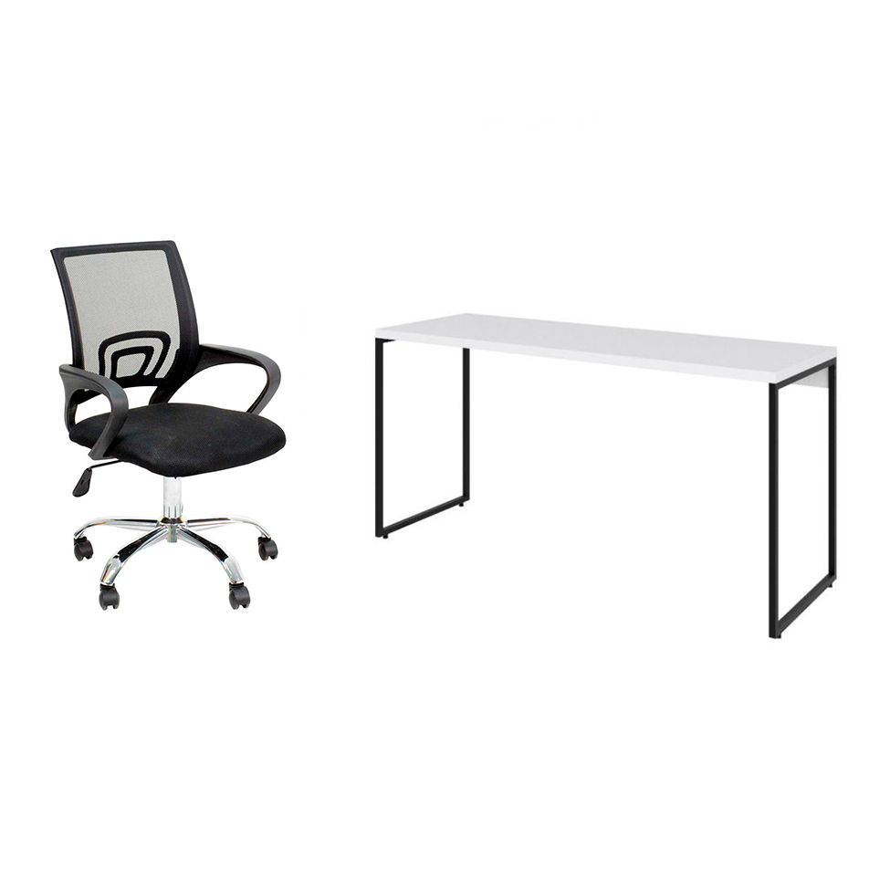 Conjunto de Mesa Studio Branca 150 cm com Cadeira de Escritório Secretária Giratória Javix Preta Conjunto de Mesa Studio Branca 150 cm com Cadeira de Escritório Secretária Giratória Javix Preta