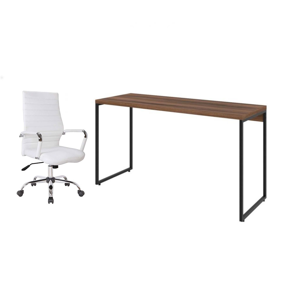 Conjunto de Mesa Studio Nogal 135 cm com Cadeira de Escritório Diretor Giratória Cleaner Branca Conjunto de Mesa Studio Nogal 135 cm com Cadeira de Escritório Diretor Giratória Cleaner Branca