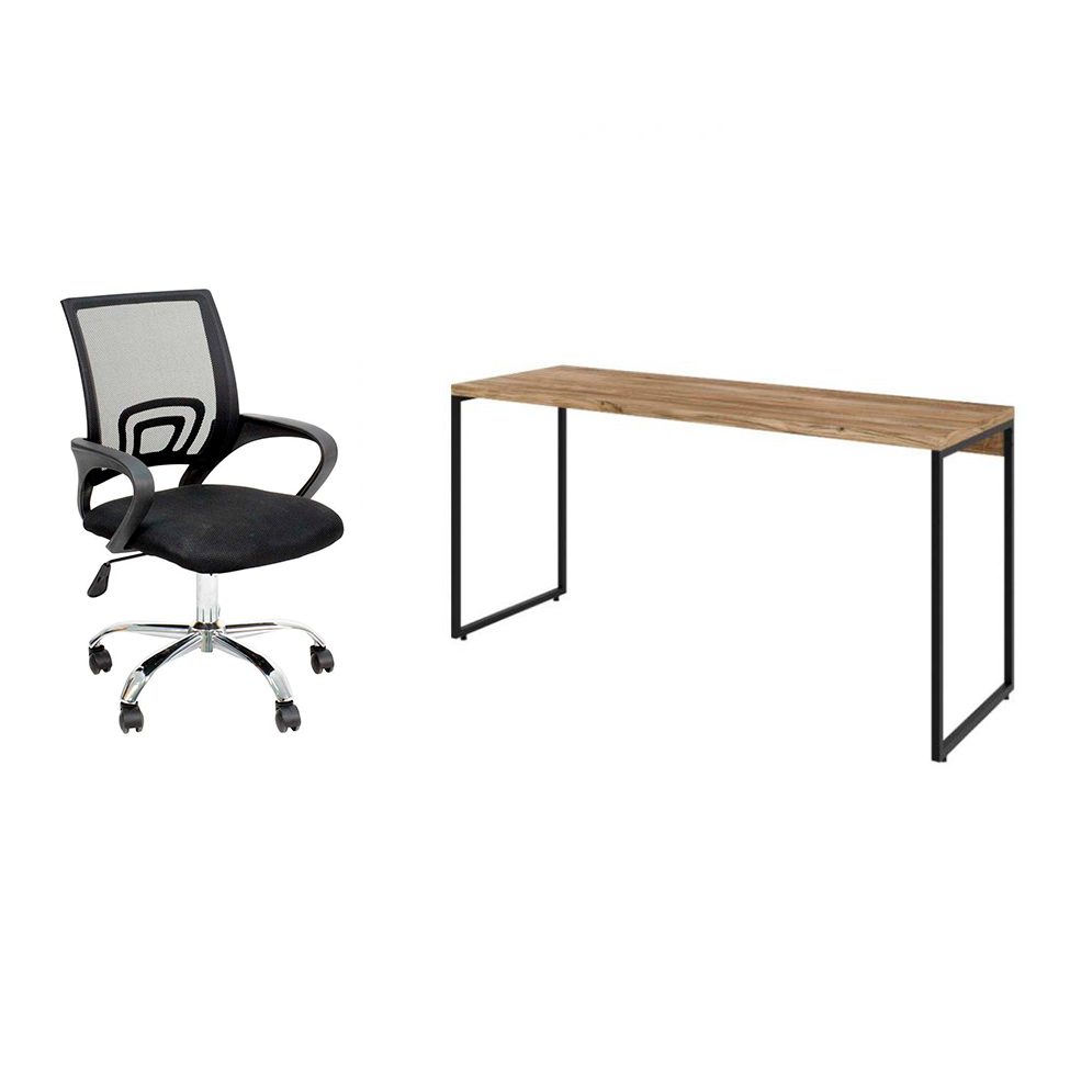 Conjunto de Mesa Studio Carvalho 150 cm com Cadeira de Escritório Secretária Giratória Javix Preta Conjunto de Mesa Studio Carvalho 150 cm com Cadeira de Escritório Secretária Giratória Javix Preta