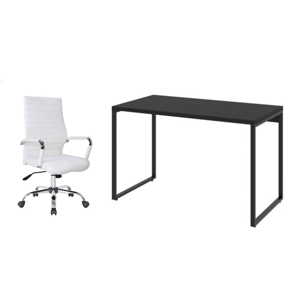 Conjunto de Mesa Kuadra Preta 120 cm com Cadeira de Escritório Diretor Giratória Cleaner Branca Conjunto de Mesa Kuadra Preta 120 cm com Cadeira de Escritório Diretor Giratória Cleaner Branca
