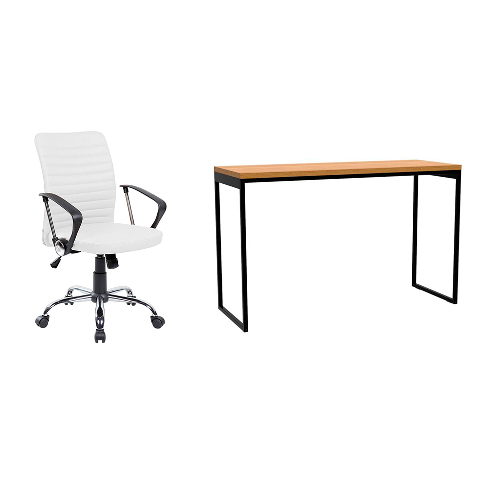 Conjunto de Mesa Stanford Amêndoa e Preta 120 cm com Cadeira de Escritório Diretor Giratória Oslo Branca Conjunto de Mesa Stanford Amêndoa e Preta 120 cm com Cadeira de Escritório Diretor Giratória Oslo Branca