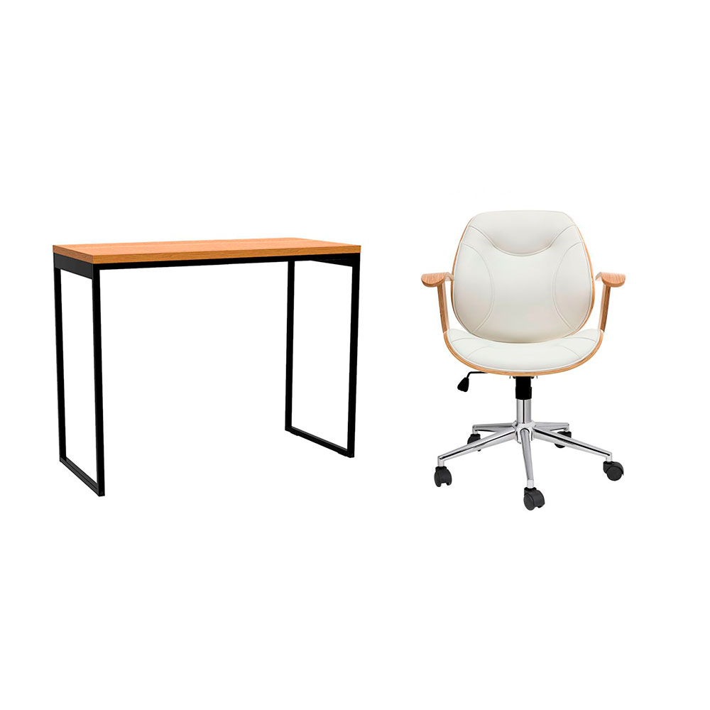 Conjunto de Mesa Stanford Carvalho e Preta com Cadeira de Escritório Diretor Giratória Antonella Branca Conjunto de Mesa Stanford Carvalho e Preta com Cadeira de Escritório Diretor Giratória Antonella Branca