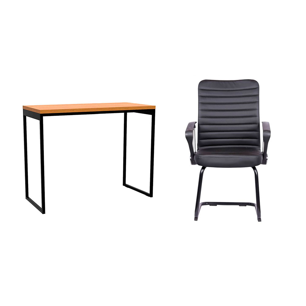 Conjunto de Mesa Stanford Carvalho com Cadeira de Escritório Interlocutor Fixa Oslo Preta Conjunto de Mesa Stanford Carvalho com Cadeira de Escritório Interlocutor Fixa Oslo Preta