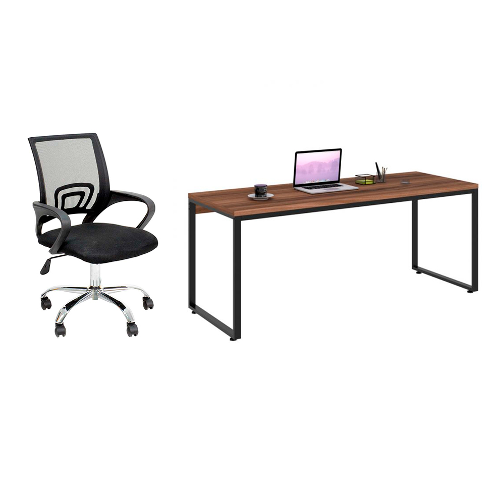 Conjunto de Mesa Kuadra Nogal com Cadeira de Escritório Secretária Giratória Javix Preta Conjunto de Mesa Kuadra Nogal com Cadeira de Escritório Secretária Giratória Javix Preta