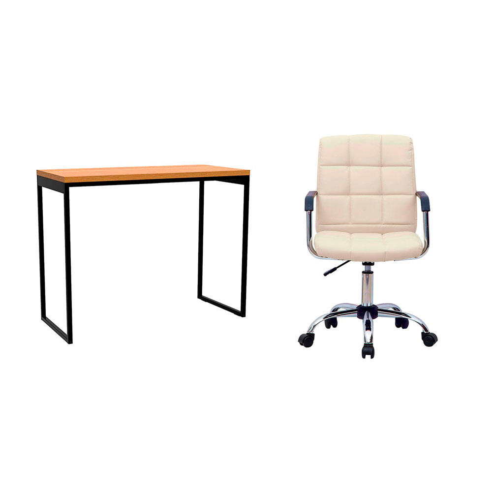 Conjunto de Mesa Stanford Carvalho e Preta com Cadeira de Escritório Secretária Giratória Fitz Bege Conjunto de Mesa Stanford Carvalho e Preta com Cadeira de Escritório Secretária Giratória Fitz Bege