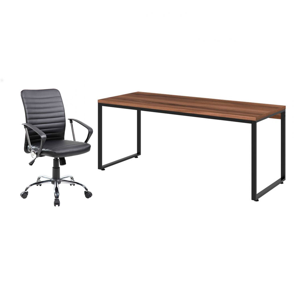 Conjunto de Mesa Kuadra Nogal com Cadeira de Escritório Diretor Giratória Oslo Preta Conjunto de Mesa Kuadra Nogal com Cadeira de Escritório Diretor Giratória Oslo Preta