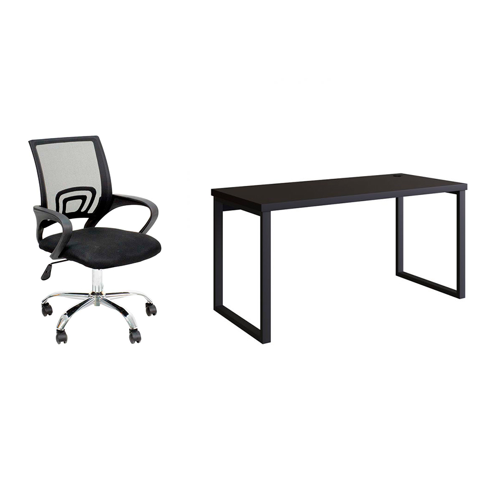 Conjunto de Mesa Miguel 150 cm com Cadeira de Escritório Secretária Giratória Javix Preta Conjunto de Mesa Miguel 150 cm com Cadeira de Escritório Secretária Giratória Javix Preta