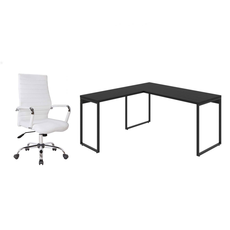 Conjunto de Mesa Kuadra II Preta 150 cm com Cadeira de Escritório Diretor Giratória Cleaner Branca Conjunto de Mesa Kuadra II Preta 150 cm com Cadeira de Escritório Diretor Giratória Cleaner Branca
