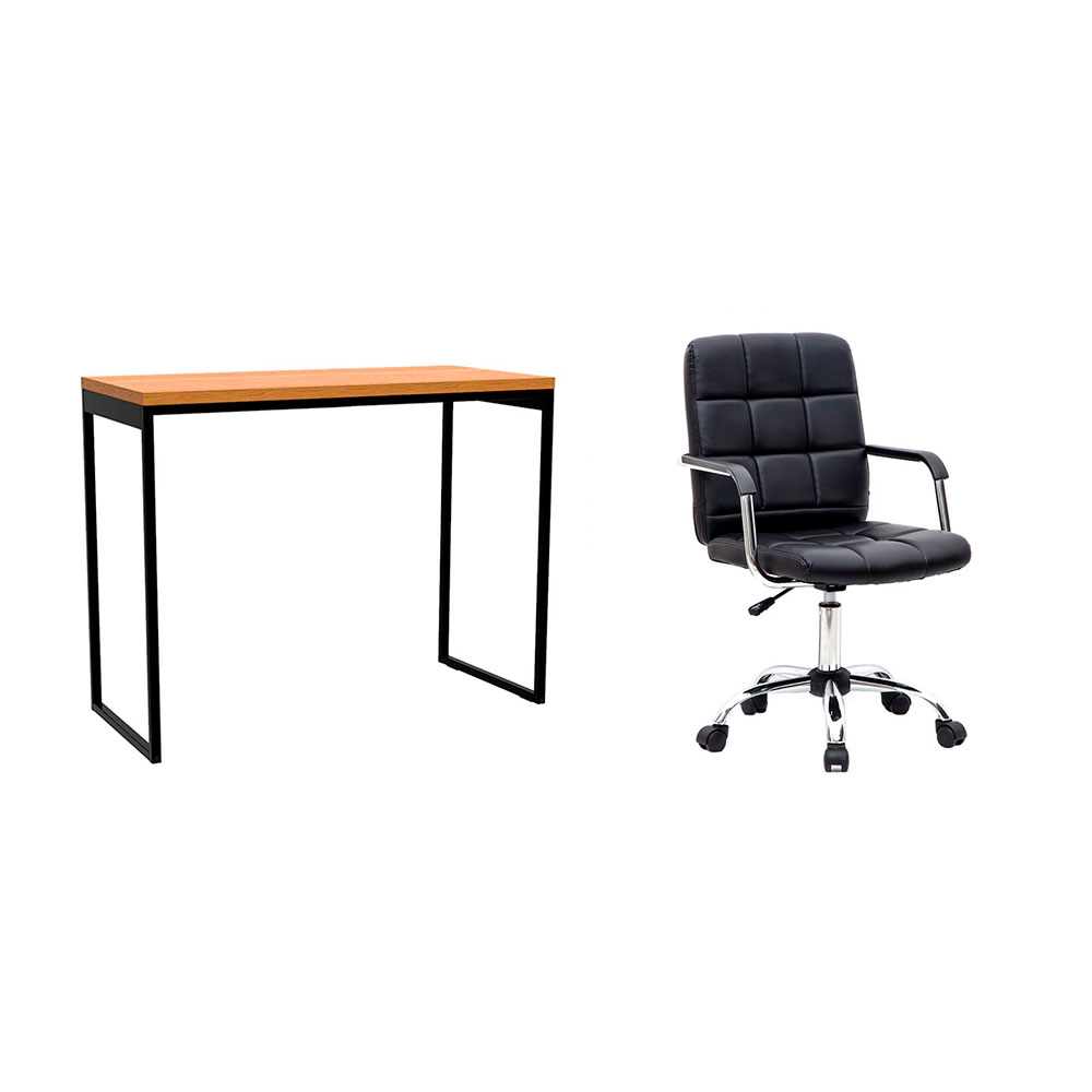 Conjunto de Mesa Stanford Carvalho com Cadeira de Escritório Secretária Giratória Fitz Preta Conjunto de Mesa Stanford Carvalho com Cadeira de Escritório Secretária Giratória Fitz Preta
