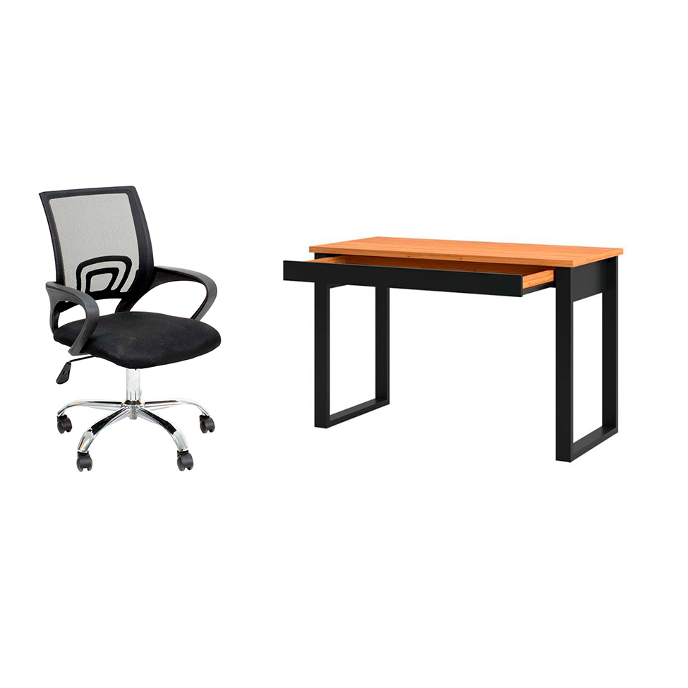 Conjunto de Mesa Anah 1 GV Freijó com Cadeira de Escritório Secretária Giratória Javix Preta Conjunto de Mesa Anah 1 GV Freijó com Cadeira de Escritório Secretária Giratória Javix Preta
