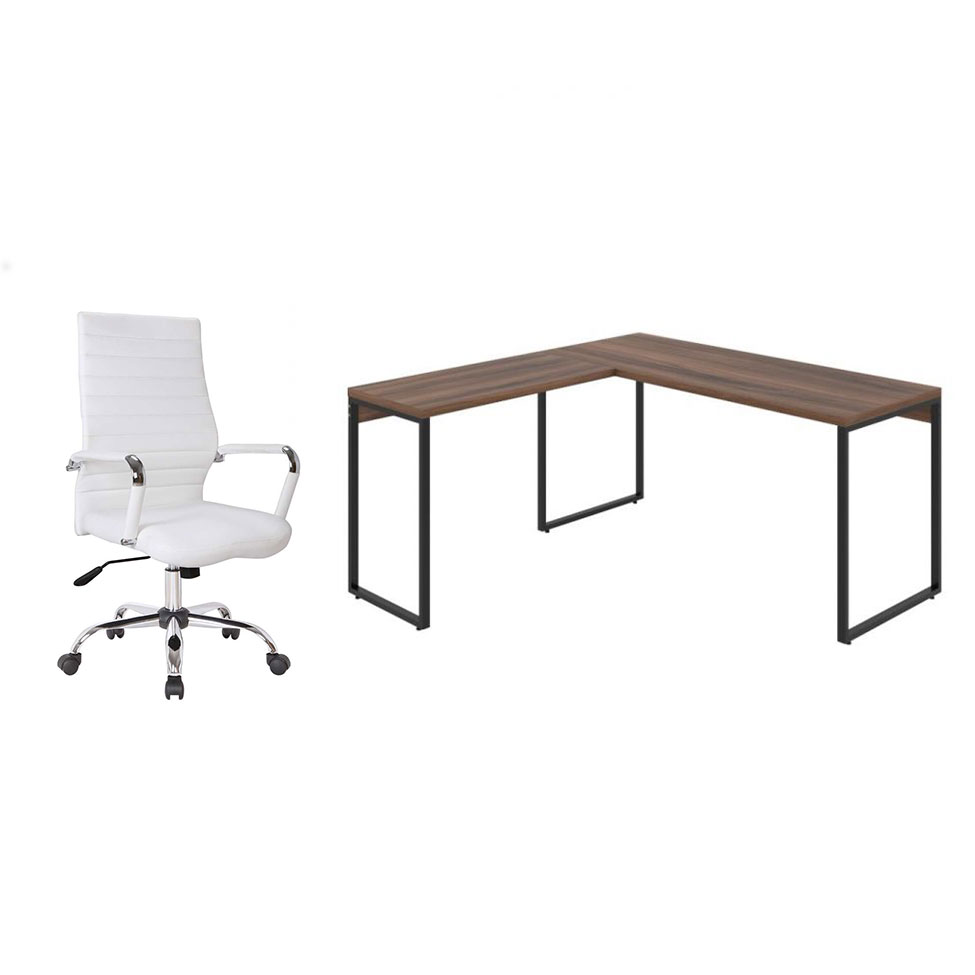 Conjunto de Mesa Kuadra Nogal 150 cm com Cadeira de Escritório Diretor Giratória Cleaner Branca Conjunto de Mesa Kuadra Nogal 150 cm com Cadeira de Escritório Diretor Giratória Cleaner Branca