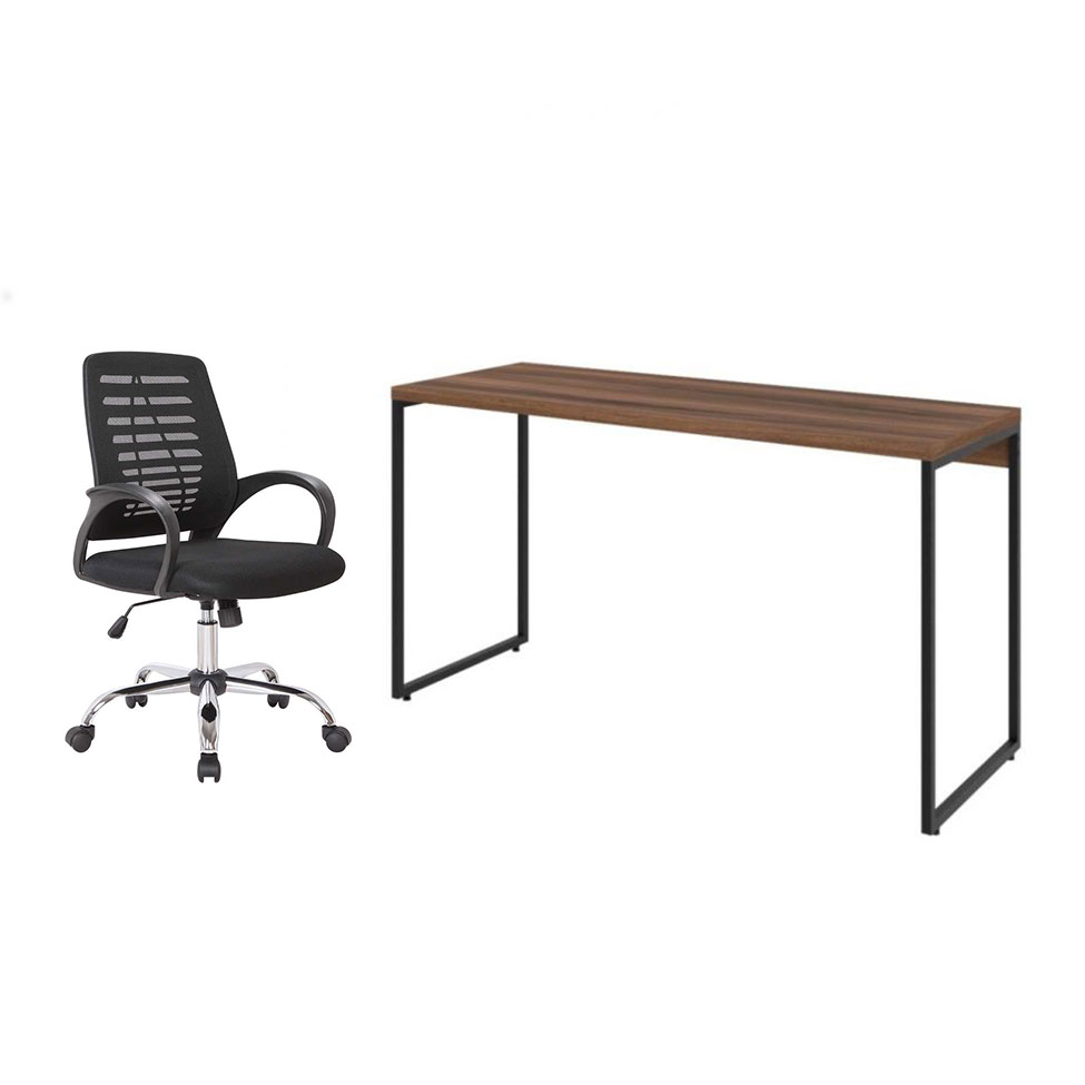 Conjunto de Mesa Studio Nogal 135 cm com Cadeira de Escritório Secretária Giratória Light Preta Conjunto de Mesa Studio Nogal 135 cm com Cadeira de Escritório Secretária Giratória Light Preta