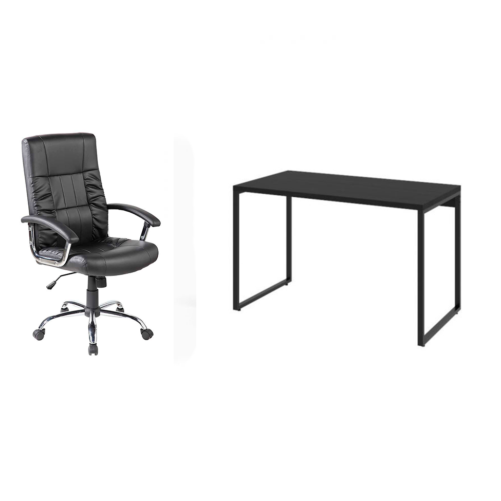 Conjunto de Mesa Kuadra 120 cm com Cadeira de Escritório Presidente Giratória com Relax Office Plus Preta Conjunto de Mesa Kuadra 120 cm com Cadeira de Escritório Presidente Giratória com Relax Office Plus Preta