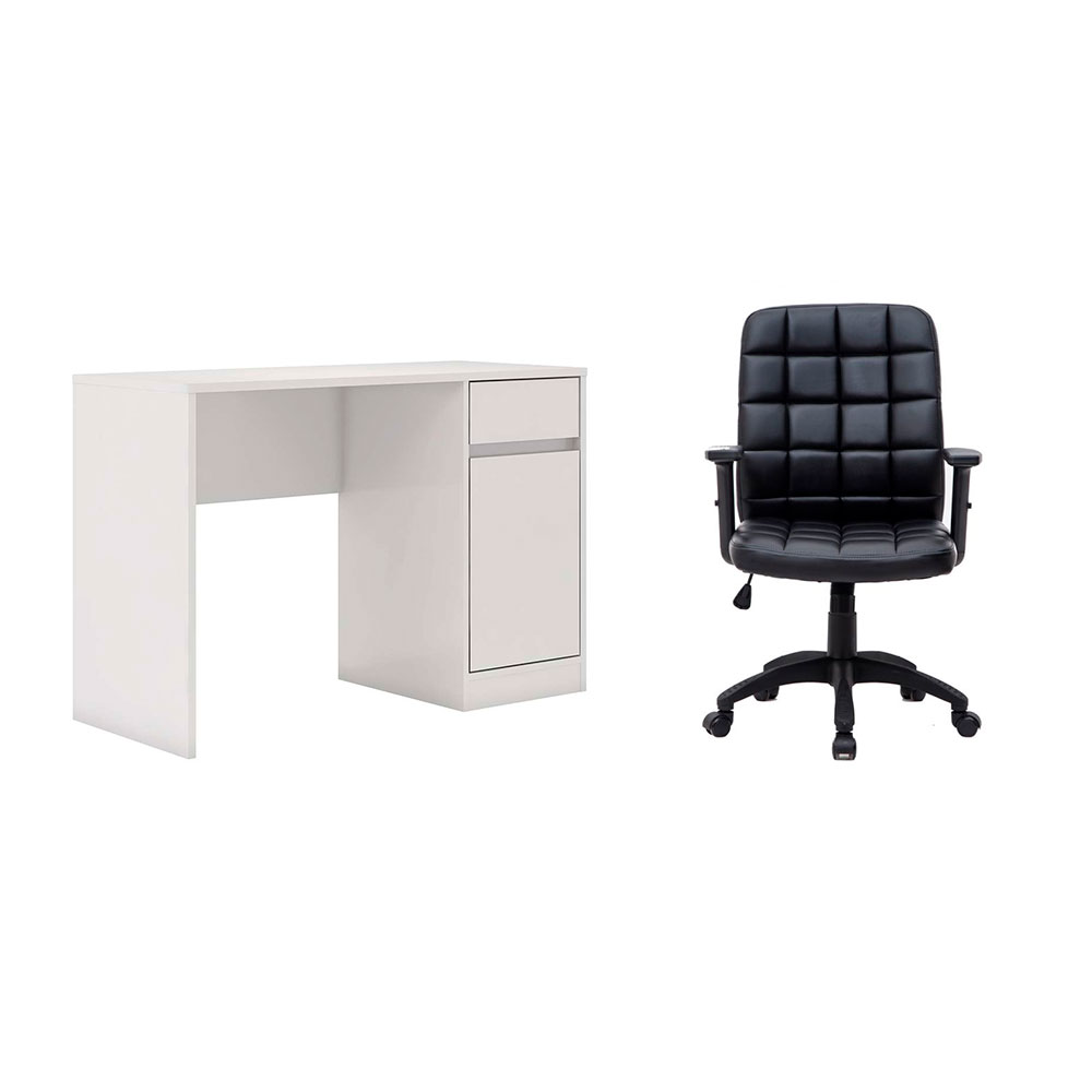 Conjunto de Mesa Morada 1 PT 1 GV Branca com Cadeira de Escritório Diretor Giratória Fitz com Braços Ajustáveis Preta Conjunto de Mesa Morada 1 PT 1 GV Branca com Cadeira de Escritório Diretor Giratória Fitz com Braços Ajustáveis Preta