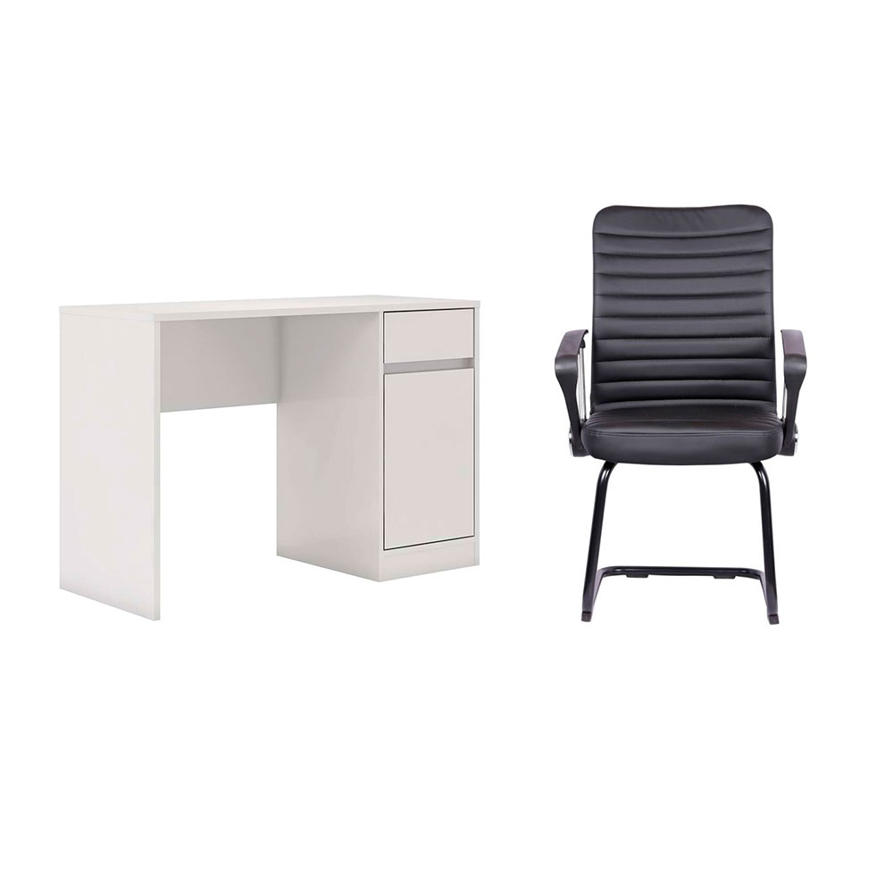Conjunto de Mesa Morada 1 PT 1 GV Branca com Cadeira de Escritório Interlocutor Fixa Oslo Preta Conjunto de Mesa Morada 1 PT 1 GV Branca com Cadeira de Escritório Interlocutor Fixa Oslo Preta