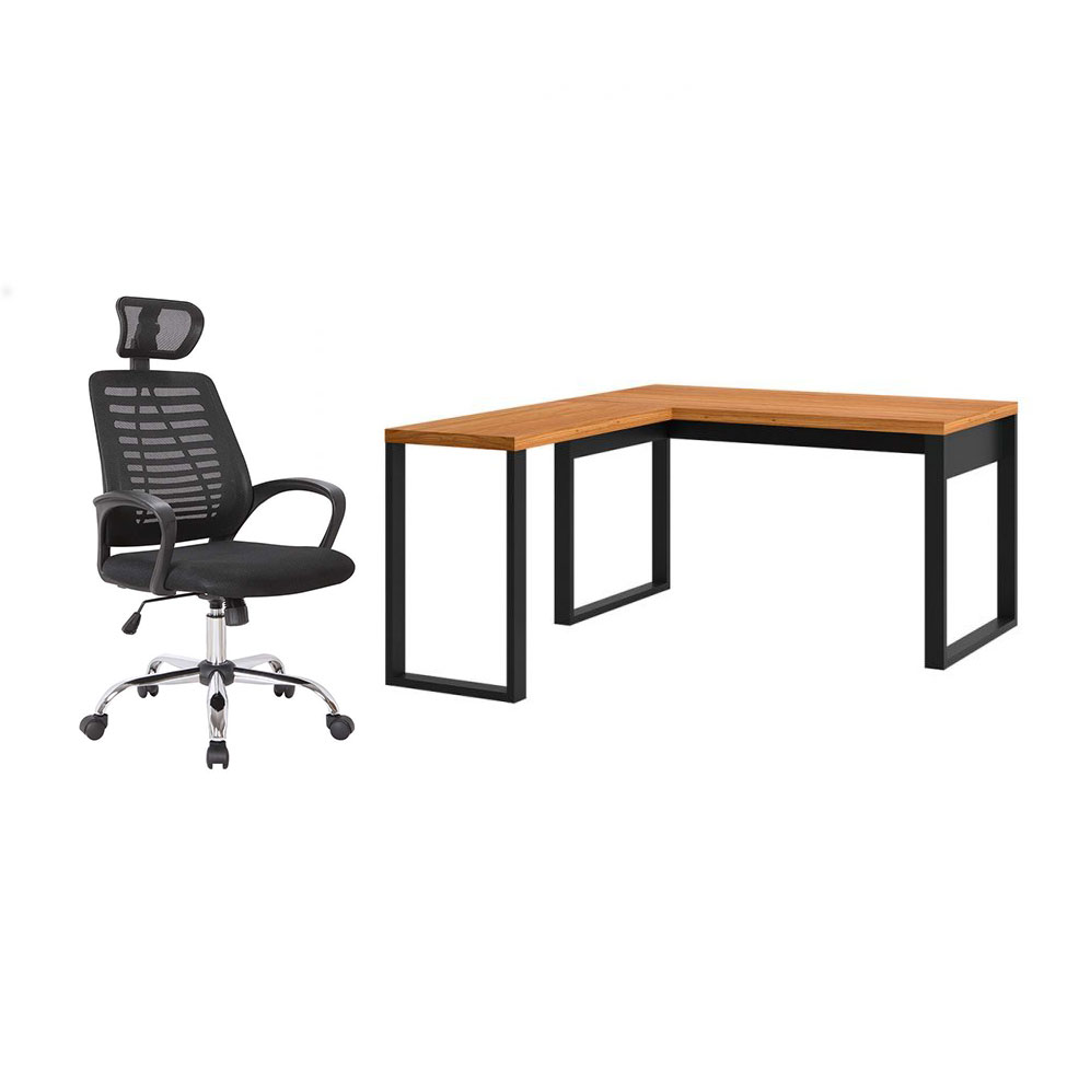 Conjunto de Mesa em L Anah Freijó com Cadeira de Escritório Diretor Giratória Light Preta Conjunto de Mesa em L Anah Freijó com Cadeira de Escritório Diretor Giratória Light Preta