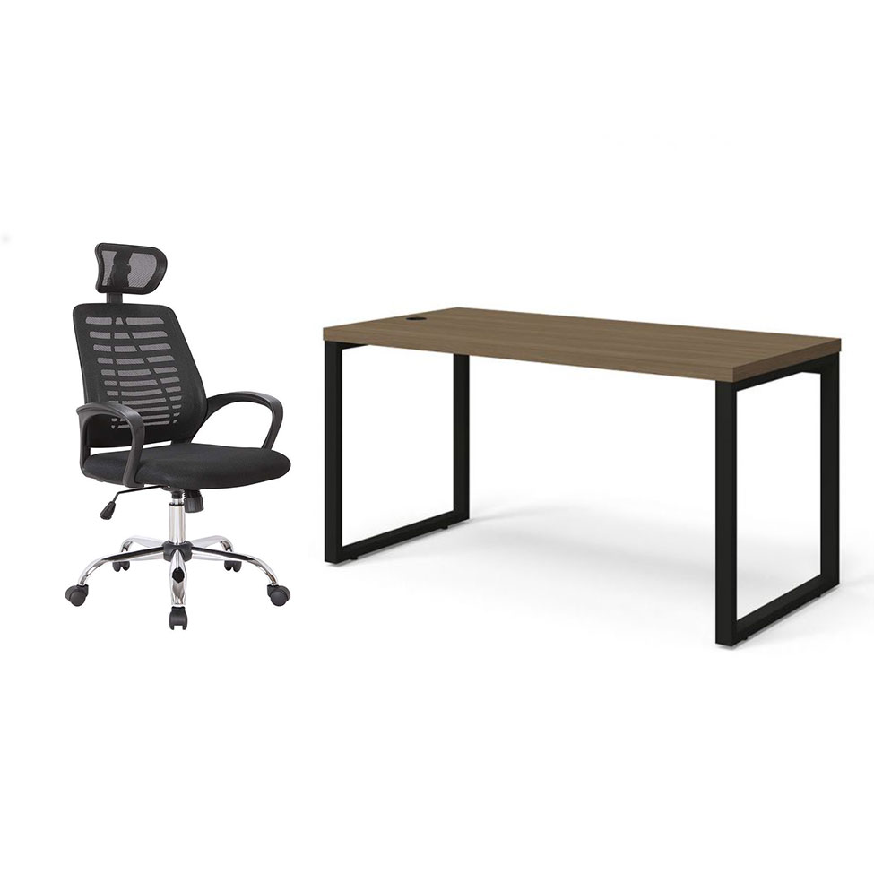 Conjunto de Mesa Munique Carvalho 150 cm com Cadeira de Escritório Diretor Giratória Light Preta Conjunto de Mesa Munique Carvalho 150 cm com Cadeira de Escritório Diretor Giratória Light Preta