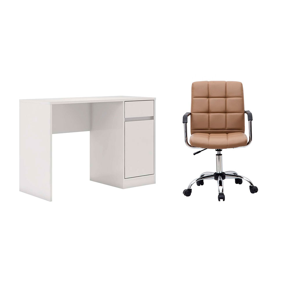 Conjunto de Mesa Morada 1 PT 1 GV Branca com Cadeira de Escritório Secretária Giratória Fitz Marrom Conjunto de Mesa Morada 1 PT 1 GV Branca com Cadeira de Escritório Secretária Giratória Fitz Marrom