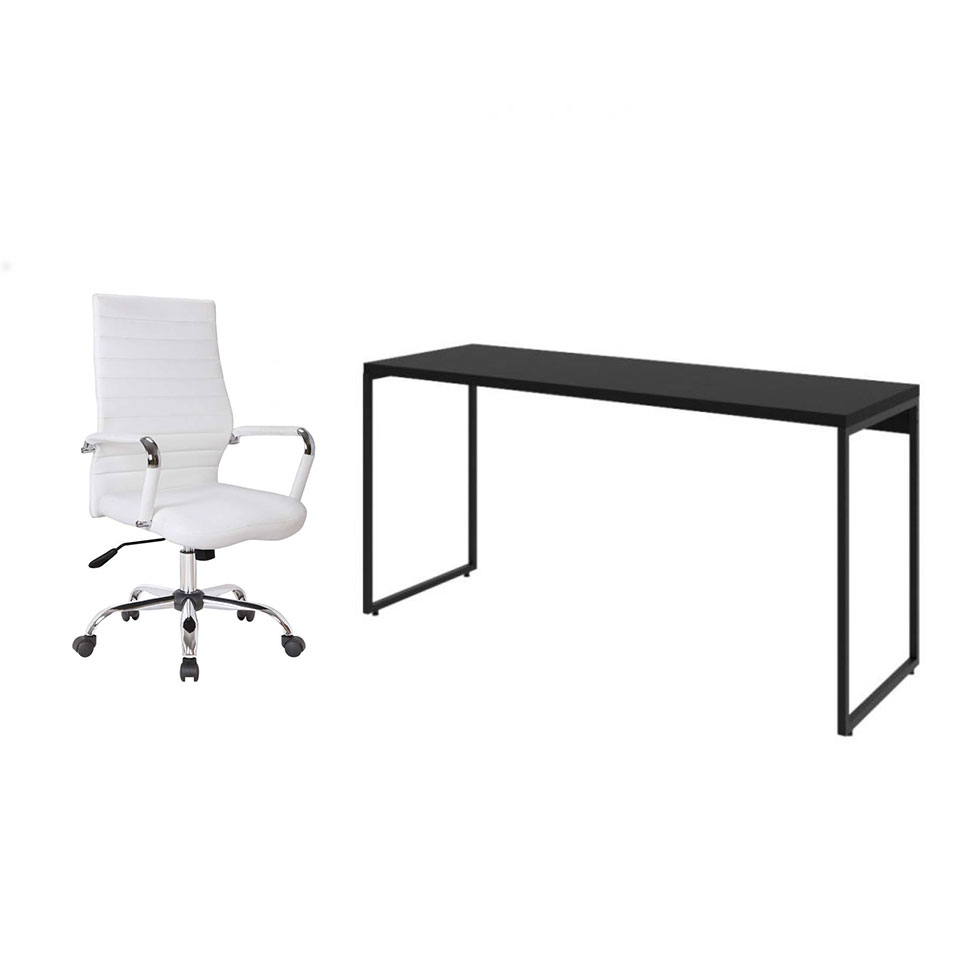 Conjunto de Mesa Studio Preta 150 cm com Cadeira de Escritório Diretor Giratória Cleaner Branca Conjunto de Mesa Studio Preta 150 cm com Cadeira de Escritório Diretor Giratória Cleaner Branca