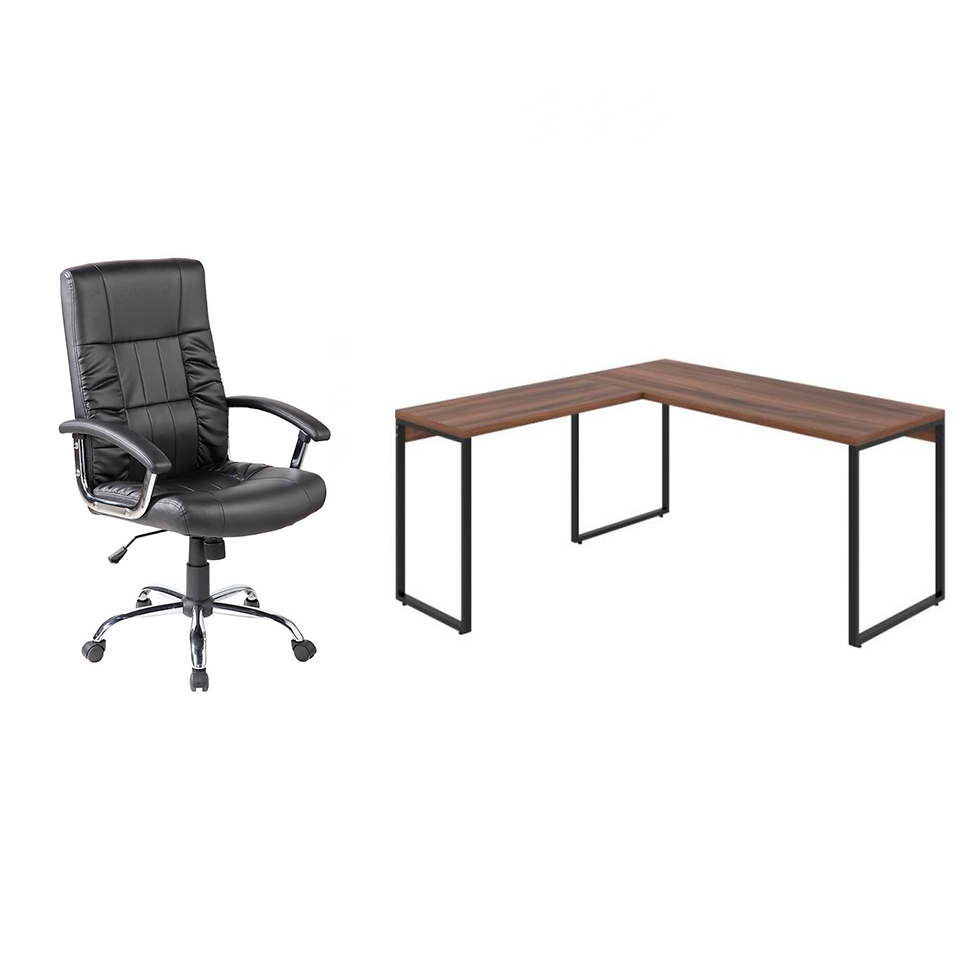 Conjunto de Mesa Kuadra Nogal 150 cm com Cadeira de Escritório Presidente Giratória com Relax Office Plus Preta Conjunto de Mesa Kuadra Nogal 150 cm com Cadeira de Escritório Presidente Giratória com Relax Office Plus Preta