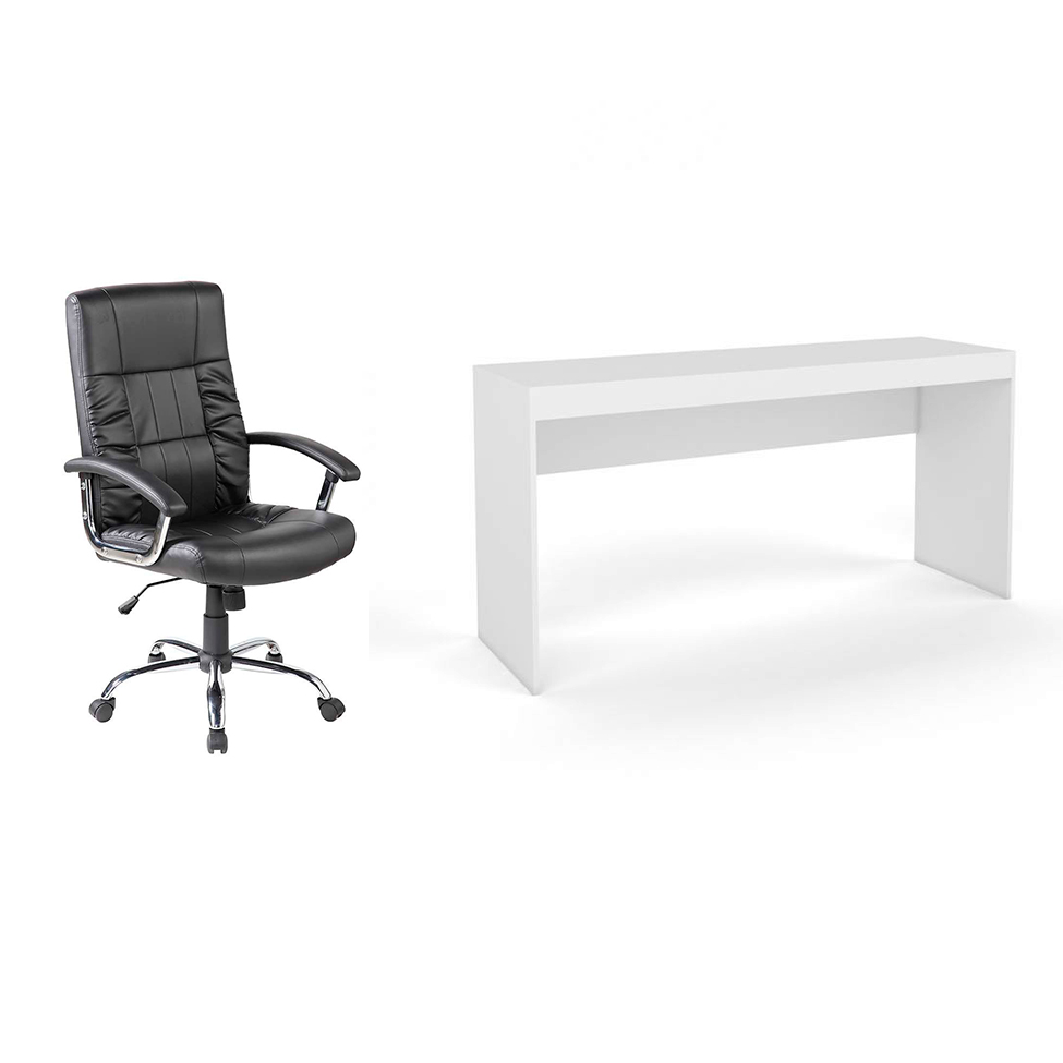 Conjunto de Mesa Marselha Branca com Cadeira de Escritório Presidente Giratória com Relax Office Plus Preta Conjunto de Mesa Marselha Branca com Cadeira de Escritório Presidente Giratória com Relax Office Plus Preta