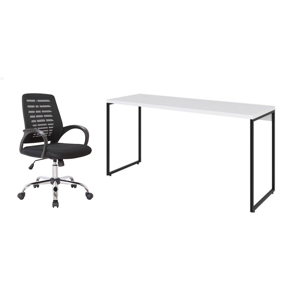 Conjunto de Mesa Studio Branca 150 cm com Cadeira de Escritório Secretária Giratória Light Preta Conjunto de Mesa Studio Branca 150 cm com Cadeira de Escritório Secretária Giratória Light Preta