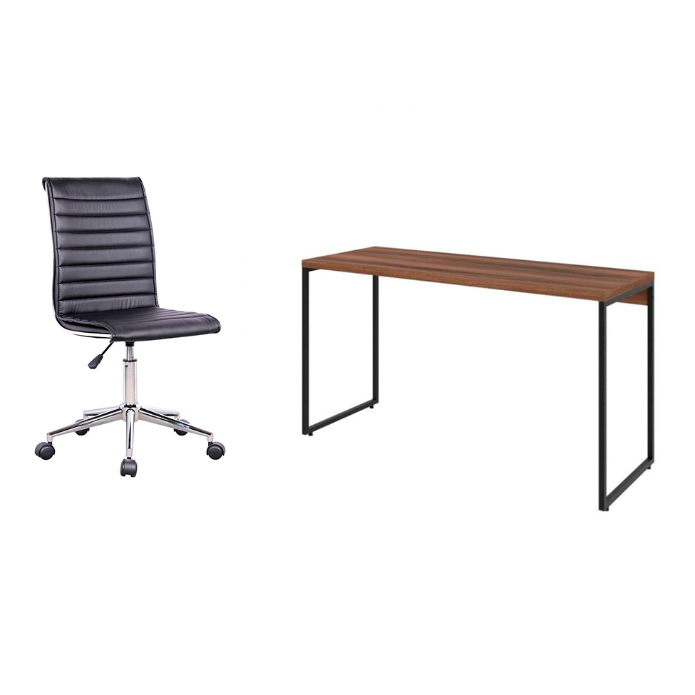 Conjunto de Mesa Studio Nogal 135 cm com Cadeira de Escritório Secretária Giratória Marilyn Preta Conjunto de Mesa Studio Nogal 135 cm com Cadeira de Escritório Secretária Giratória Marilyn Preta