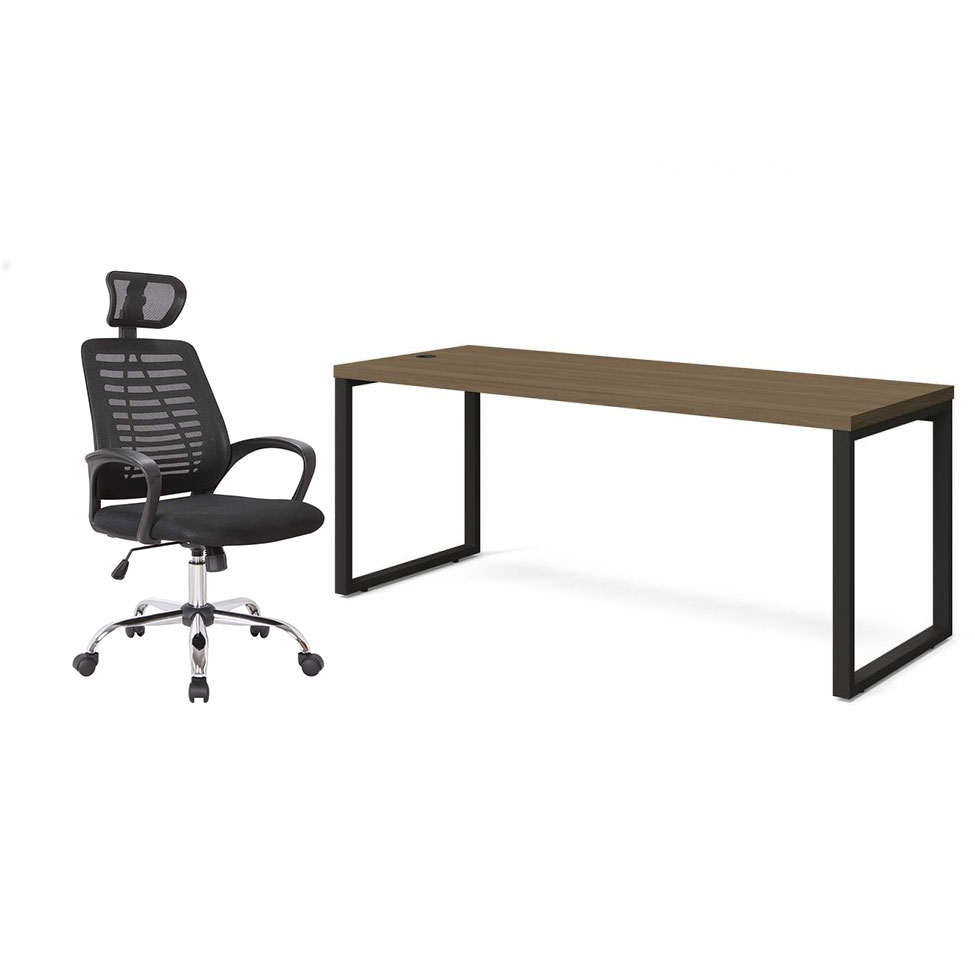 Conjunto de Mesa Munique Carvalho 190 cm com Cadeira de Escritório Diretor Giratória Light Preta Conjunto de Mesa Munique Carvalho 190 cm com Cadeira de Escritório Diretor Giratória Light Preta