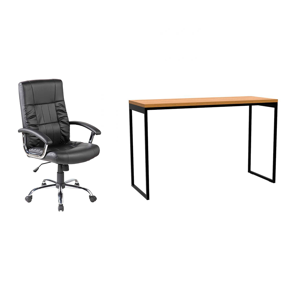 Conjunto de Mesa Stanford Amêndoa 120 cm com Cadeira de Escritório Presidente Giratória com Relax Office Plus Preta Conjunto de Mesa Stanford Amêndoa 120 cm com Cadeira de Escritório Presidente Giratória com Relax Office Plus Preta