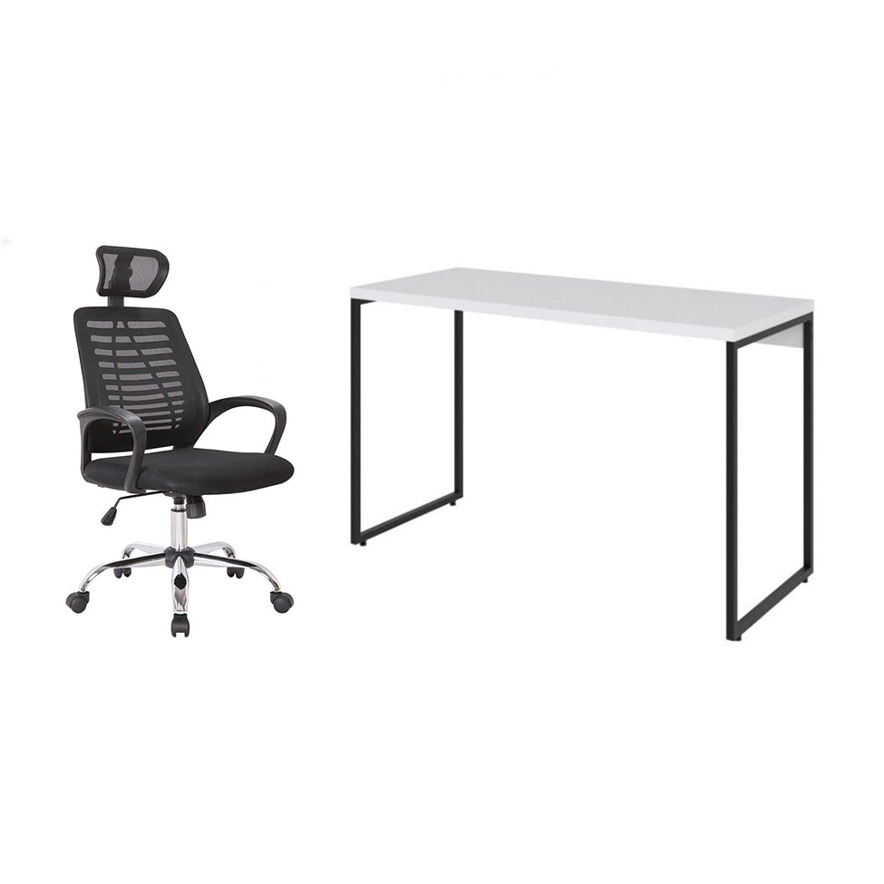 Conjunto de Mesa Studio Branca 120 cm com Cadeira de Escritório Diretor Giratória Light Preta Conjunto de Mesa Studio Branca 120 cm com Cadeira de Escritório Diretor Giratória Light Preta
