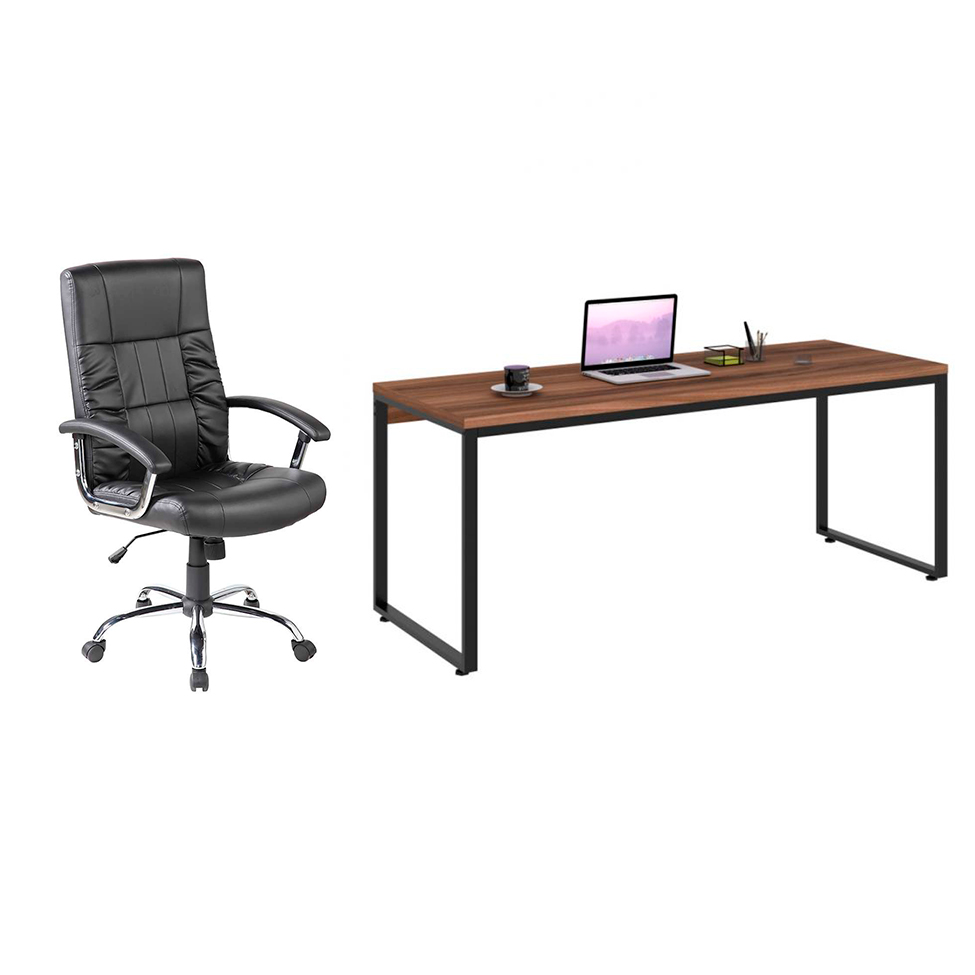 Conjunto de Mesa Kuadra Nogal com Cadeira de Escritório Presidente Giratória com Relax Office Plus Preta Conjunto de Mesa Kuadra Nogal com Cadeira de Escritório Presidente Giratória com Relax Office Plus Preta