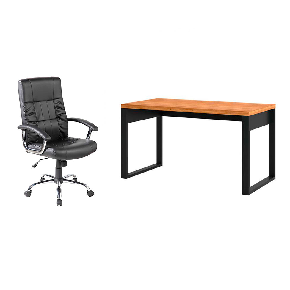 Conjunto de Mesa Anah Freijó com Cadeira de Escritório Presidente Giratória com Relax Office Plus Preta Conjunto de Mesa Anah Freijó com Cadeira de Escritório Presidente Giratória com Relax Office Plus Preta