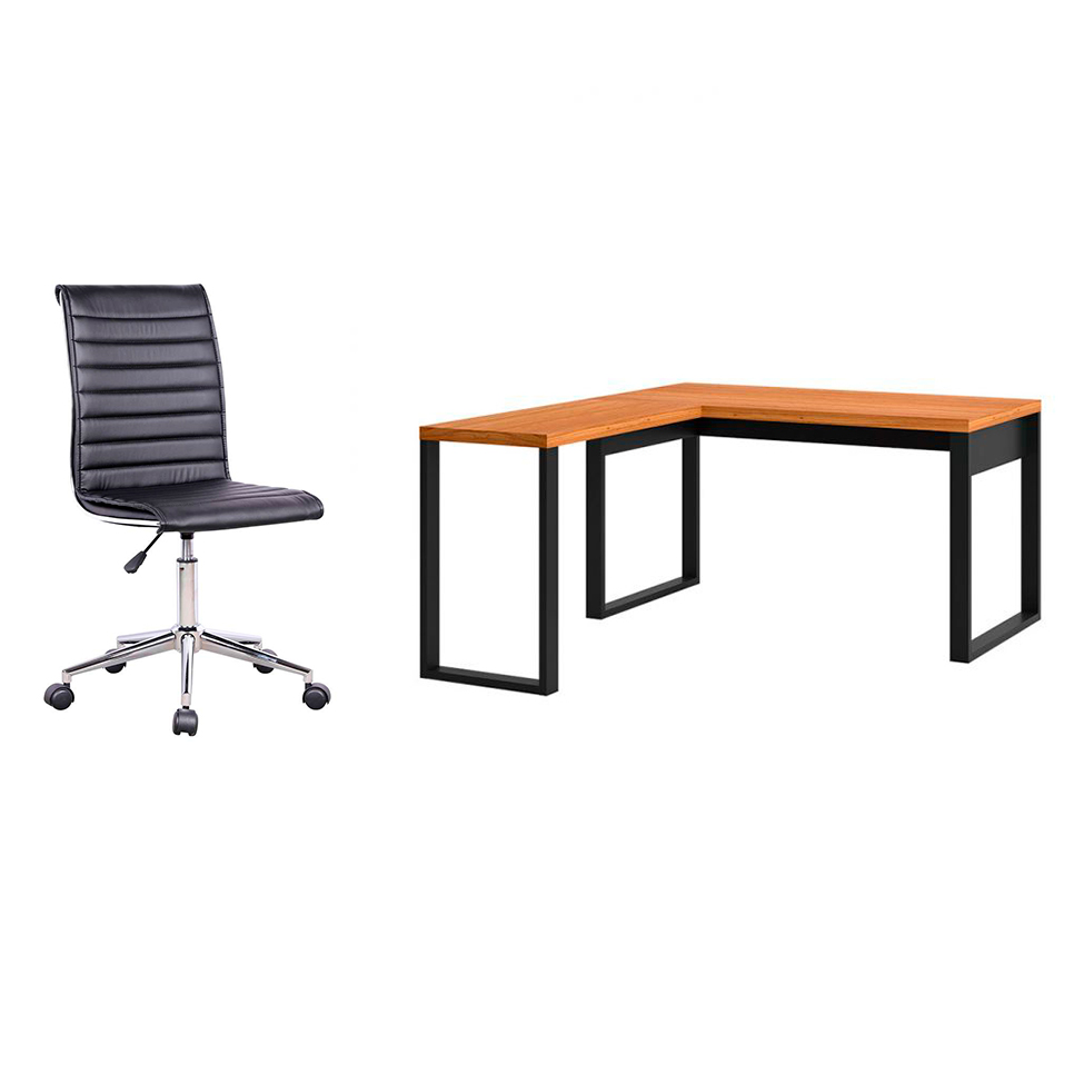 Conjunto de Mesa em L Anah Freijó com Cadeira de Escritório Secretária Giratória Marilyn Preta Conjunto de Mesa em L Anah Freijó com Cadeira de Escritório Secretária Giratória Marilyn Preta