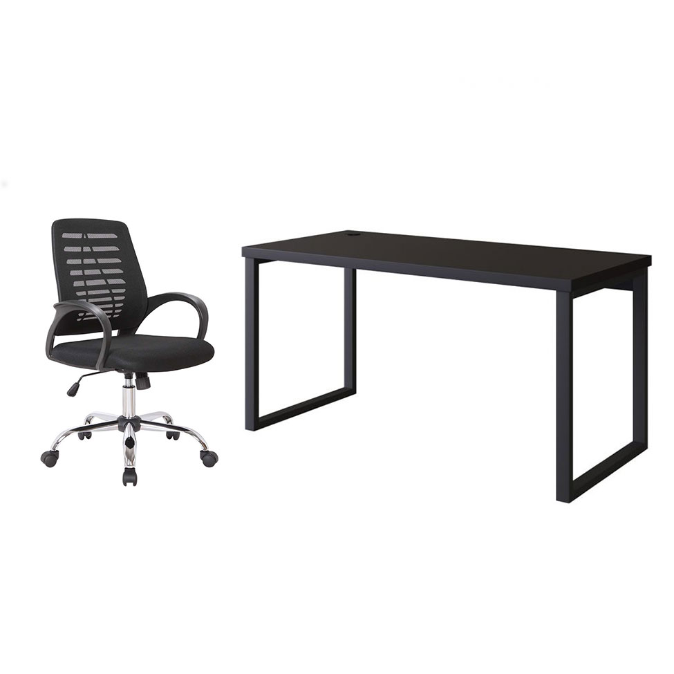Conjunto de Mesa Miguel 150 cm com Cadeira de Escritório Secretária Giratória Light Preta Conjunto de Mesa Miguel 150 cm com Cadeira de Escritório Secretária Giratória Light Preta